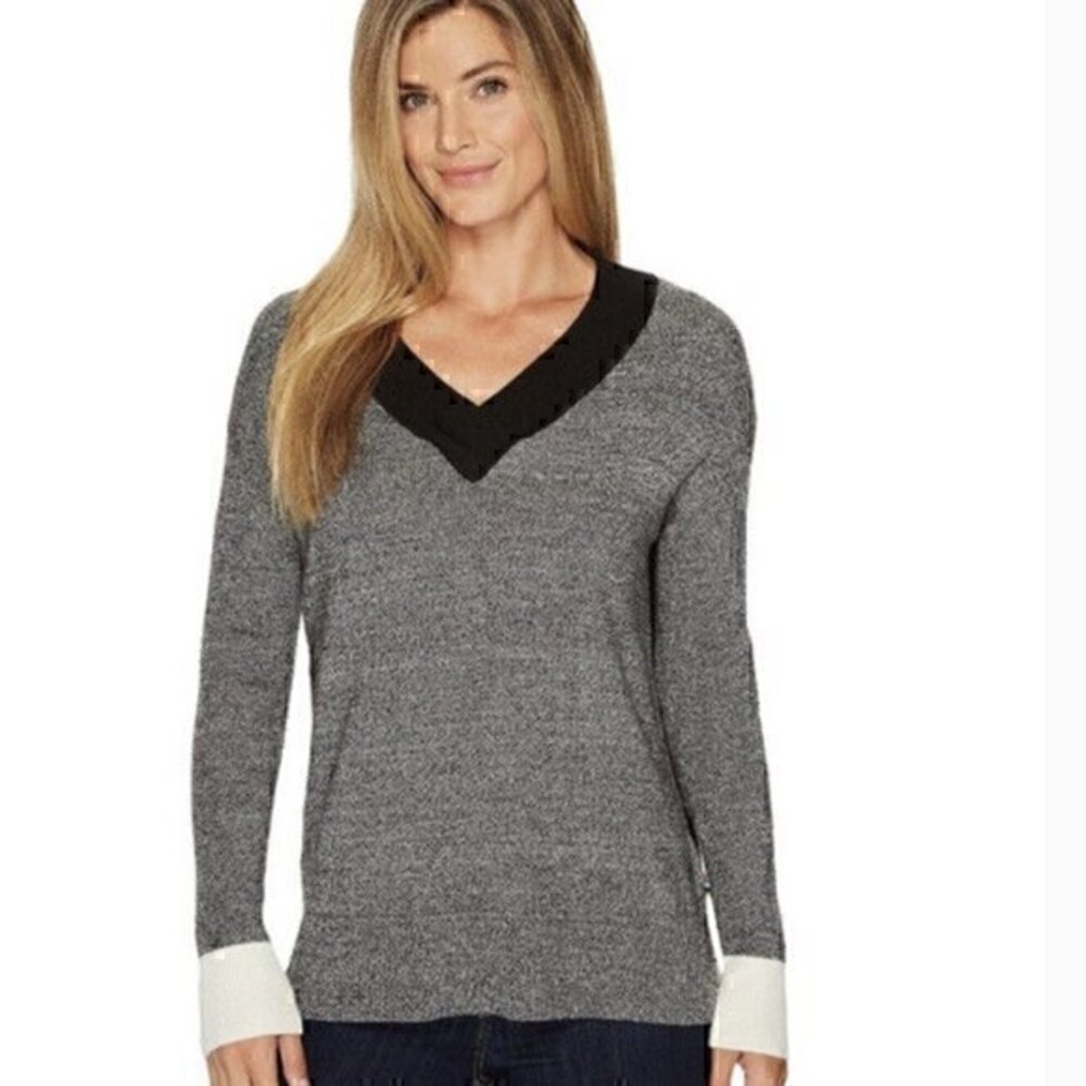 Smartwool Size Medium Akamina Color‎ Block V-Neck Sweater in Gray Black White